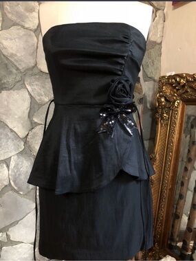 Teeze Me Black Strapless Peplum Dress with Floral Sequin Accent